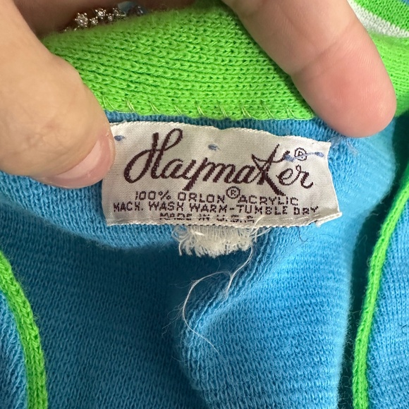 Vintage 70's Haymaker Blue 7 Green Striped Preppy Golf Button Up Cardigan Sz M - Picture 7 of 7